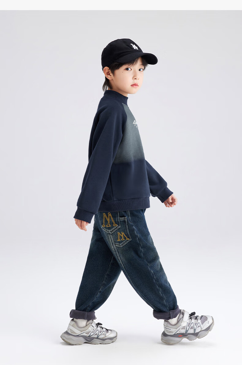 Zuo Xi Boys' Fleece-Lined Sweatshirt 2025 New Winter Thickened Top Stylish Boys' Winter Wear Navy Blue 150 10