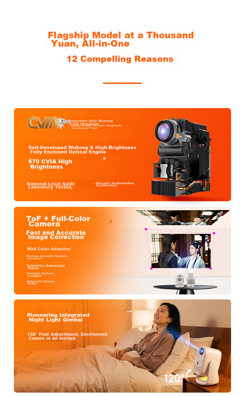 Dayancheng C3D [850CVIA] High-Contrast Gimbal Projector, Home Ultra-High Definition True 1080P, Portable Bedroom Projector, High-Definition Smart Home Theater, AI MT9660 Chip 5