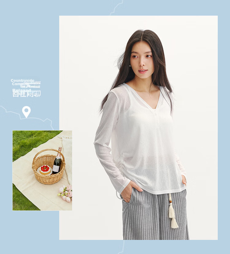 Semir Women's Long Sleeve Summer V-Neck Solid Color Linen-Like Loose Drawstring Blouse 2026 Gentle Top 109326101006 8