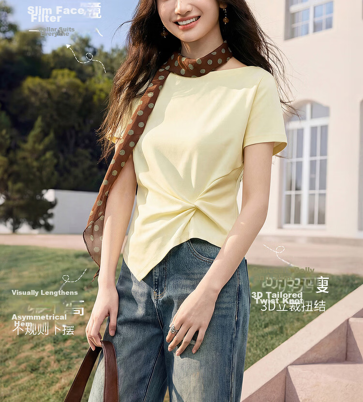 Shangdu Bila Off-Shoulder Pure Cotton T-Shirt Women Spring Summer Twist Knot Irregular Hem Short Sleeve Slimming Top 3