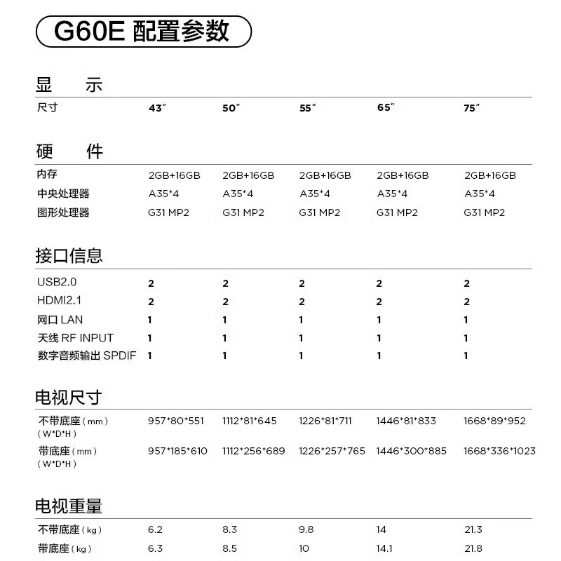 FXMTCL  55G60E 65G60E 75G60E 85G60E 工程机家用机酒店项目电视 55G60E  官方标配