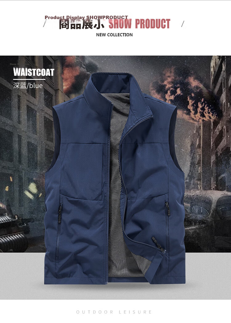 JEEP SPIRIT Men's Outdoor Casual Quick-Dry Vest Blue 3XL Autumn Breathable Simple Stand Collar Photography Jacket 9