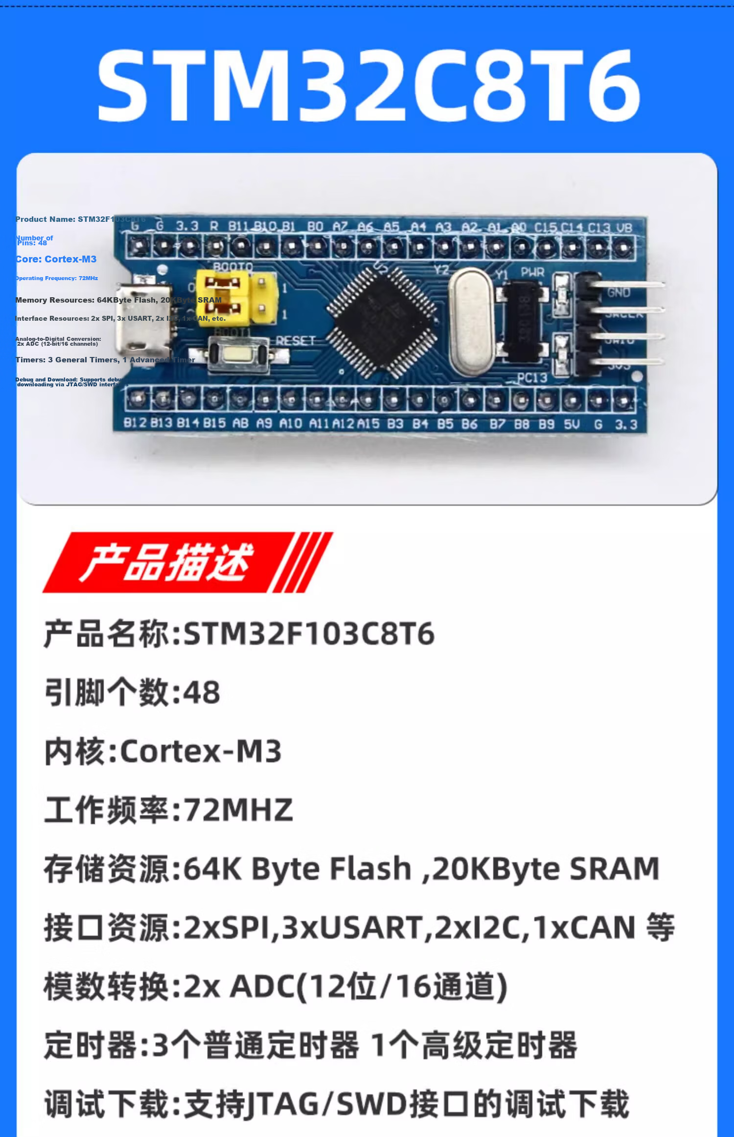 Wondy STM32F103C8T6 Core Board Development Board Mini System Board/APM32 System Board with SWD Interface and Pin Header STM32F103C6T6 Core Board Includes Pin Header Unassembled 1
