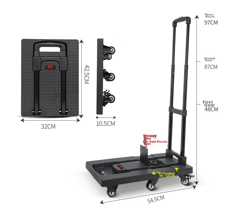 SELORSS Folding Flat Cart Luggage Trolley Hand Pull Cart Turtle Cart Trailer Cargo Transport Seven-Wheel Black BY03-P 22