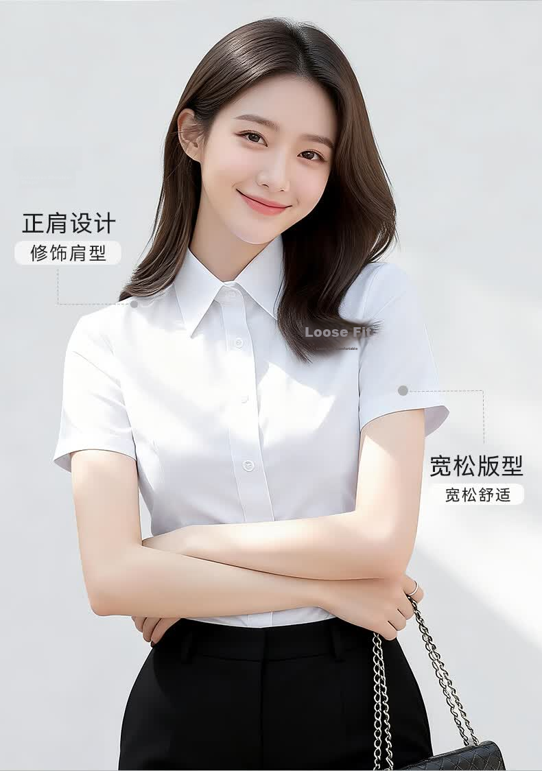 Yulixi Women's Short Sleeve White Shirt Summer Casual Versatile Base Shirt Commuting Interview Wrinkle-Resistant Professional Formal Shirt 4