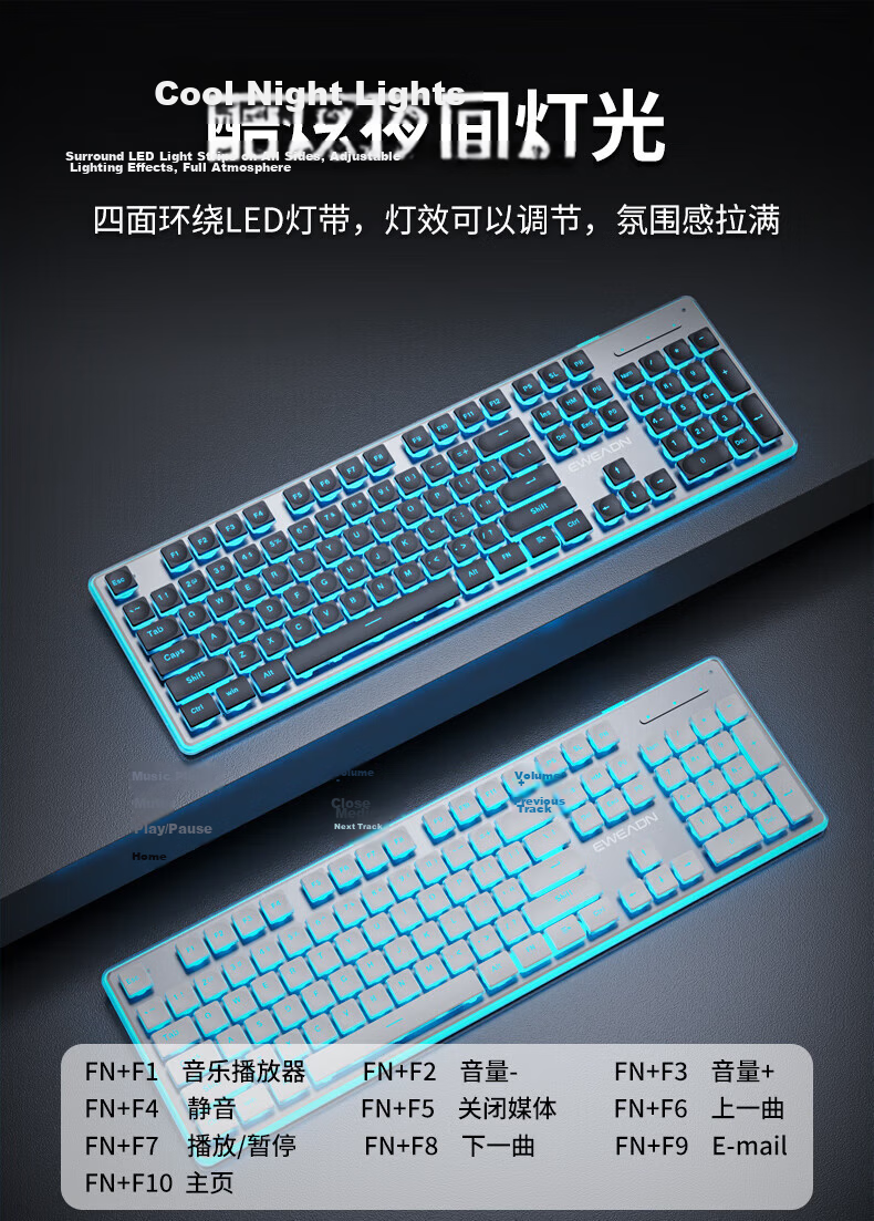 EWEADN X7S Wireless Keyboard Single Mode 2.4G True Mechanical Feel 104-Key Low-Profile Office Keyboard Compatible with Desktop and Laptop Rechargeable Membrane Keyboard Black Blue Light 8
