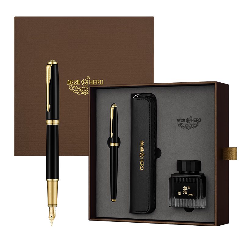 HERO Fountain Pen And Signature Pen E221 Ink Flowing Fragrance Gift Box Mid-Autumn Festival National Day Birthday Gift High-End Business Stationery Gift Bright Black with Gold Clip