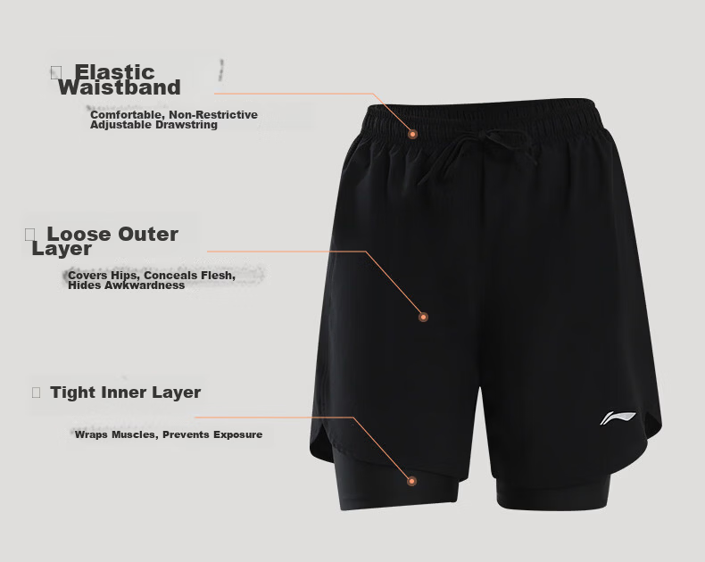 Li-Ning Shorts, Summer Women's Sports Running Marathon Fitness Quick-Dry Casual Two-In Beach Shorts with Lining Pants 4