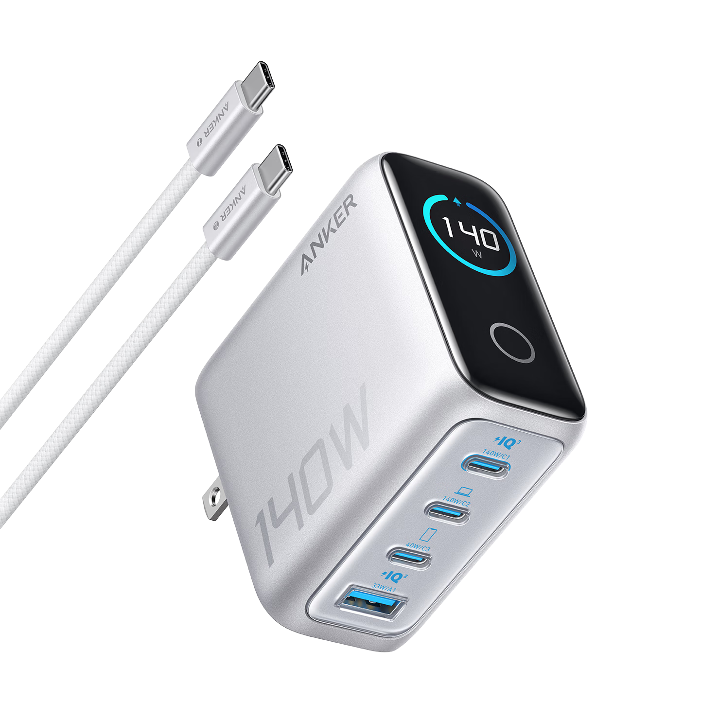 ANKER Anker GaN Display 140W Charger Set Type-C Multi-Port PD 100W Fast Charger for Apple iPhone 17 Laptop Blue