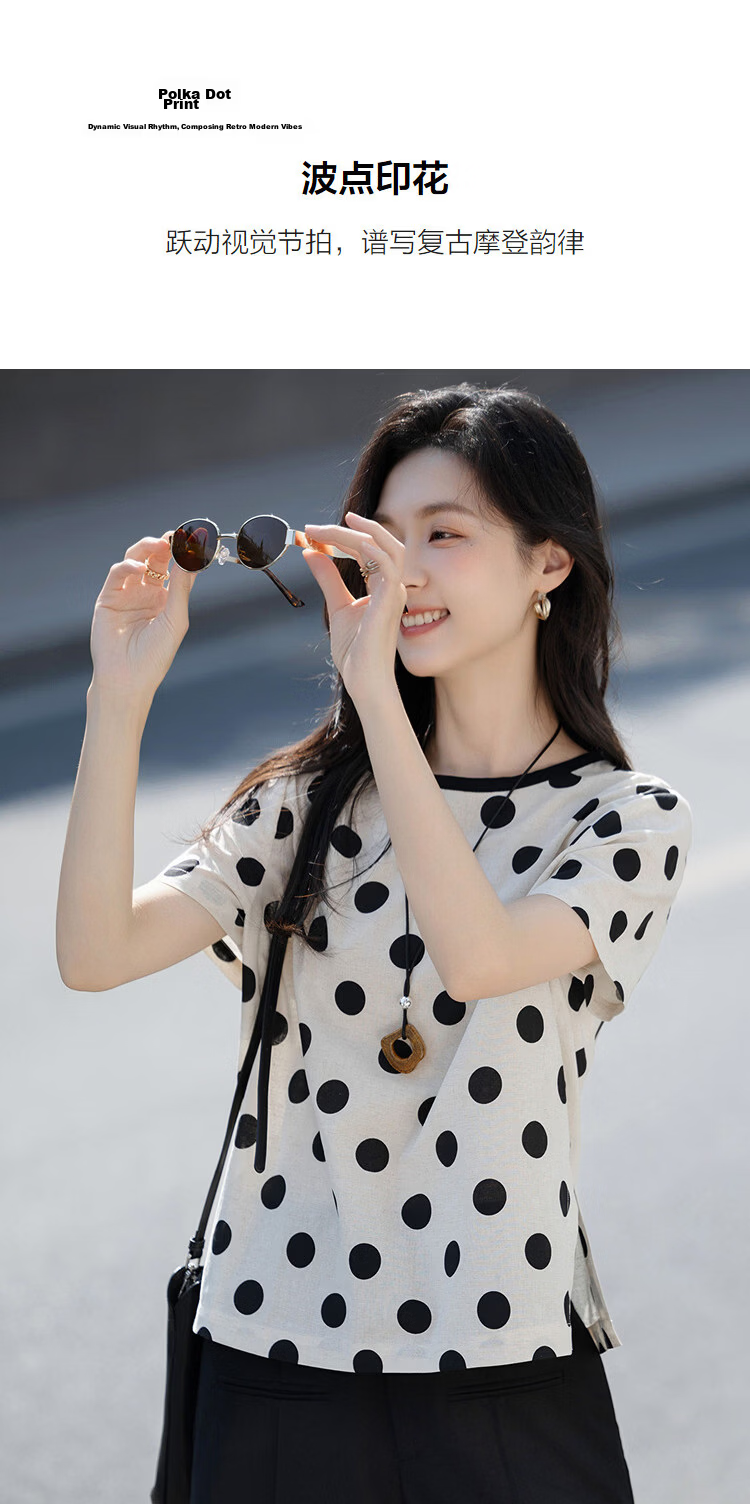 Demana [Linen Cotton Blend] Summer Vintage Urban Colorblock Crew Neck Polka Dot Print Loose Slimming T-Shirt for Women Premium 7
