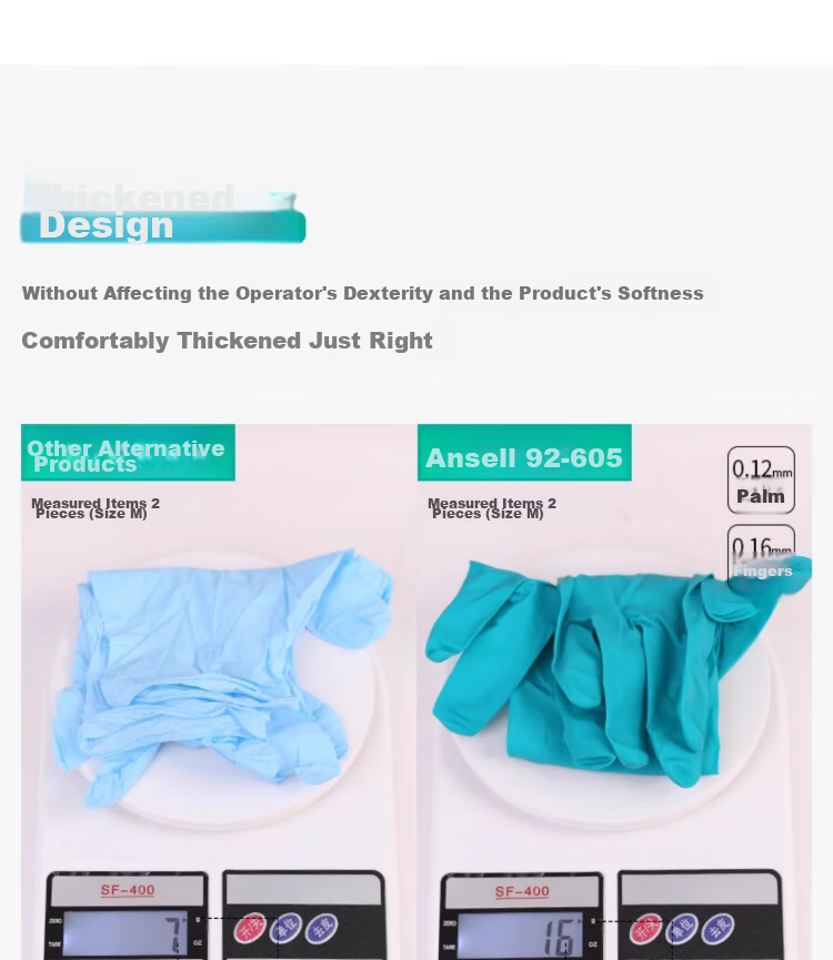 Ansell Disposable Nitrile Gloves Chemical Resistant Oil Resistant Acid and Alkali Resistant Laboratory Extended Thickened Anti-Slip Wear-Resistant Gloves 92-605 (100 pcs/box) L 11