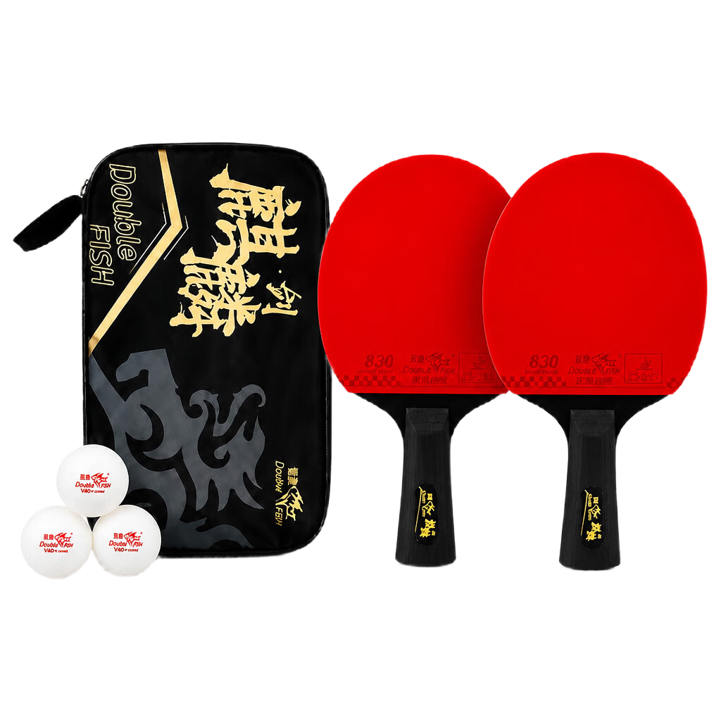 DOUBLE FISH Qilin Sword High Elastic Anti-Glue Durable Beginner Training Table Tennis Paddle Set (2 Penhold Paddles + Bag + 3 Balls)