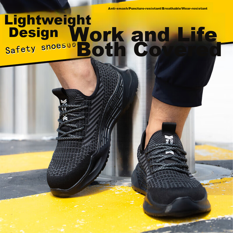 Jiuzhou Wolf Warrior Men's Breathable Protective Work Shoes Anti-Smash Anti-Puncture Kevlar Midsole Steel Toe Rubber-Plastic Sole Breathable Flyknit Mesh Safety Shoes Anti-Smash Anti-Puncture [All-Sea 5
