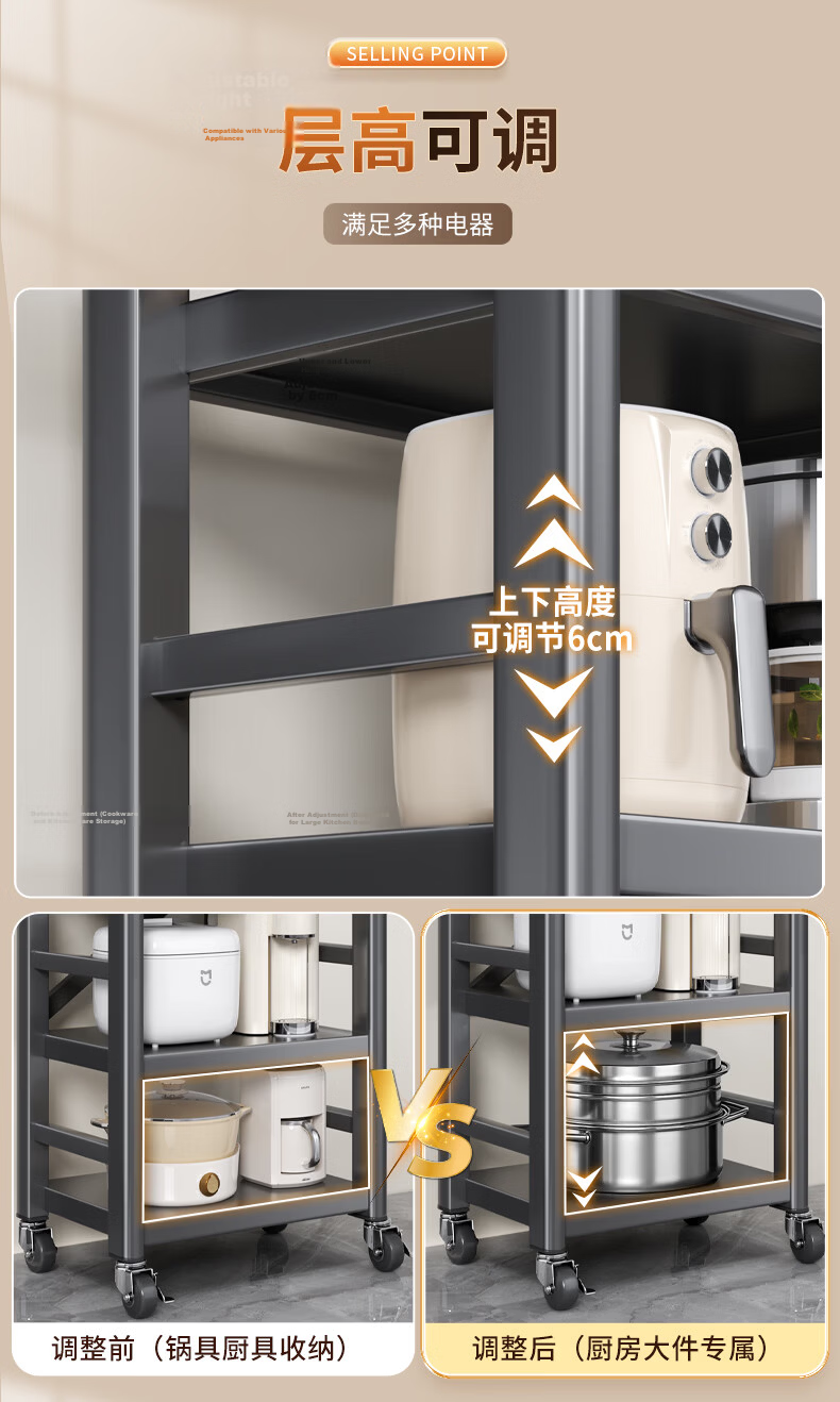 Jiabangshou 2026 New Multi-Layer Multifunctional Kitchen Storage Rack No-Installation Integrated Storage Shelf 4-80 8