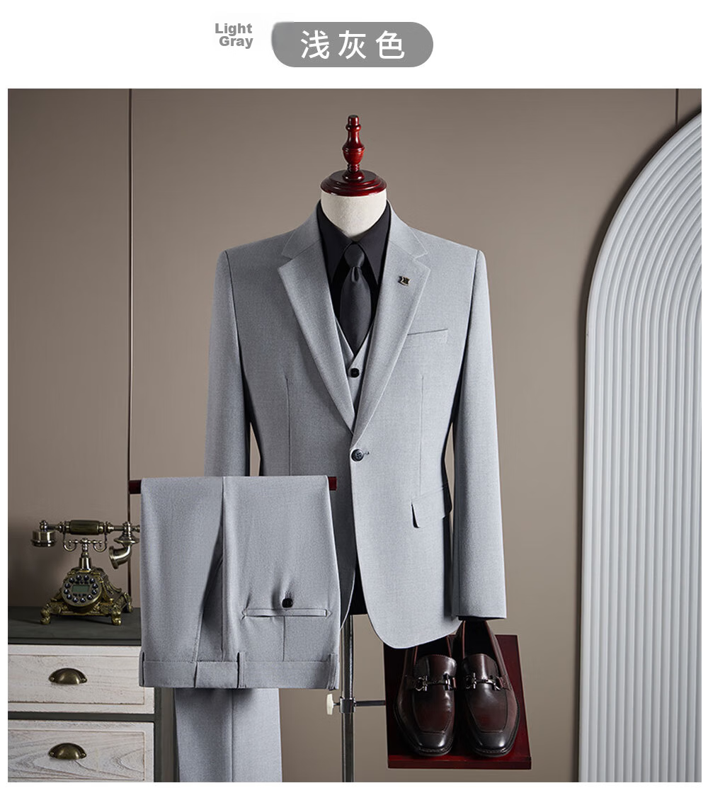 ROMON Men's Business Suit Set Blazer + Vest + Trousers Light Gray XL 35