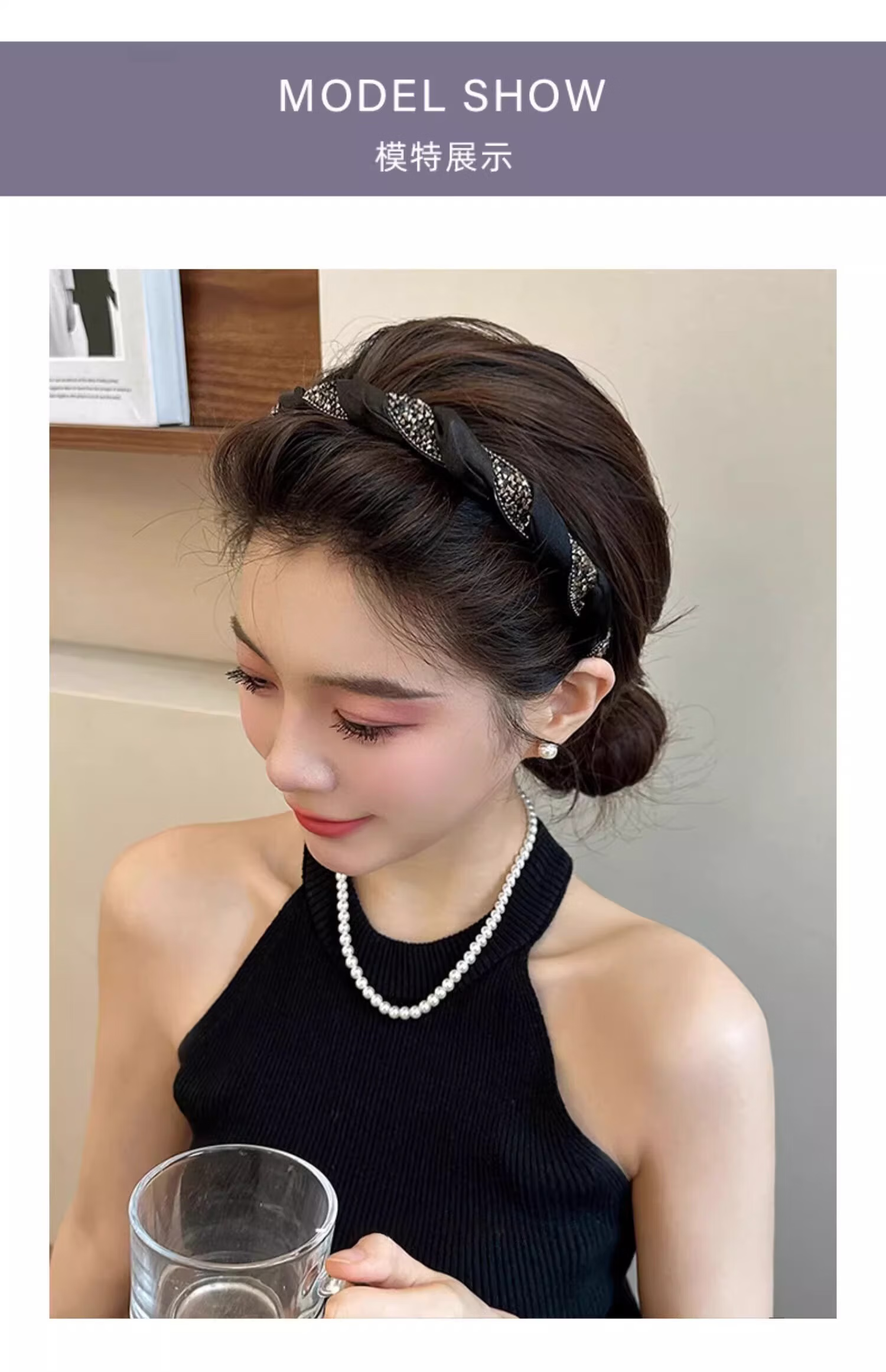 Xiangwan Vintage Rhinestone Headband Black Hair Clip Elegant Women's Headband Mid-Autumn Gift 1