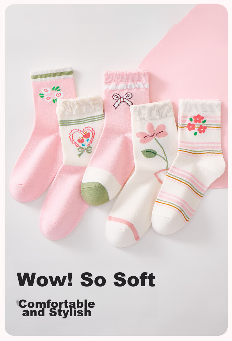 Urban Beauty Children's Socks Girls' Four-Season Cotton Student Socks Striped Strawberry Baby Mid-Calf Socks 5 Pairs 2XL 2