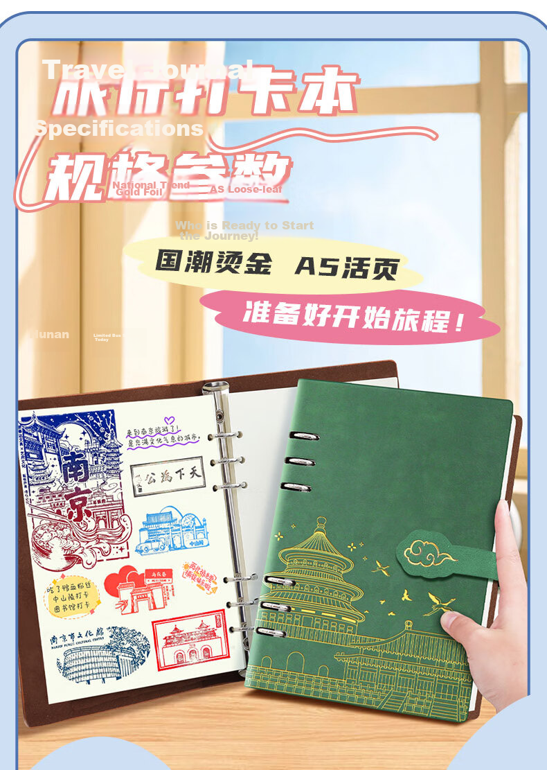 Faramon Stamping Travel Scrapbook Loose-leaf Travel Collection Notebook Souvenir Stamp Album Journal Blank Blue for Nanjing Beijing Museum Zoo Forbidden City Chongqing Check-in Spots 17