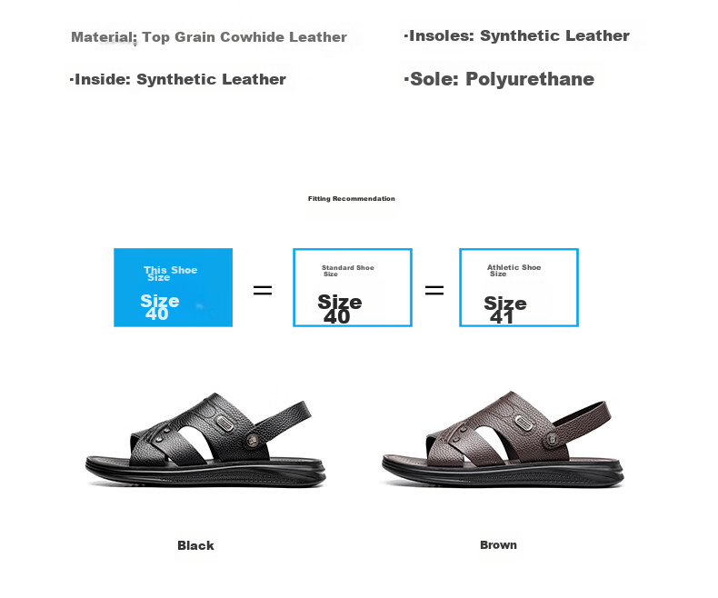 LAORENTOU Men's Summer Sandals First Layer Cowhide Dual-Use Beach Slippers Leather Sandals LT327 Brown Size 40 5