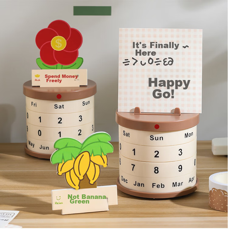 Touch Fish Potted Perpetual Calendar Rotatable Adjustable Creative Calendar Relaxing Anxiety-Free Office Desk Calendar Desktop Ornament DIY Birthday Gift with Pine Decoration 12