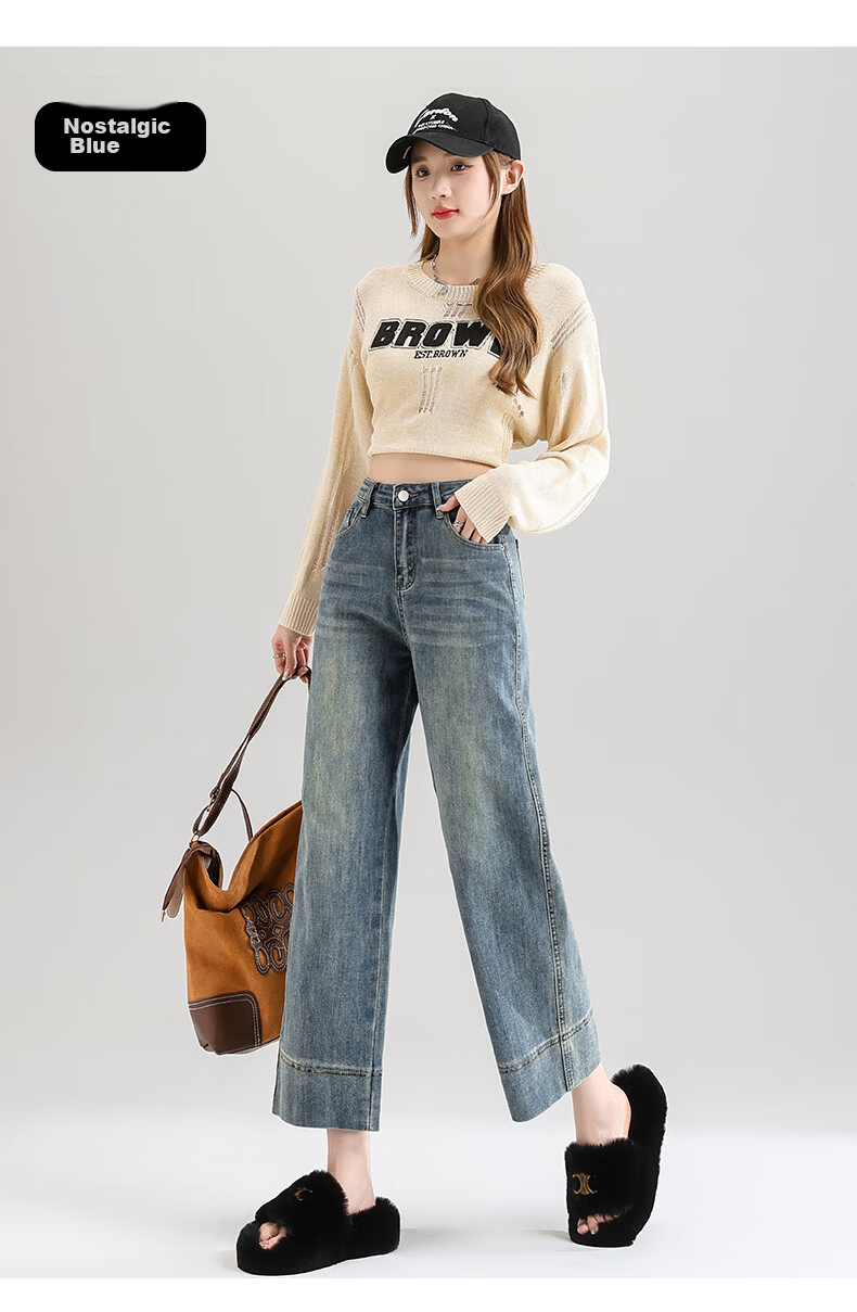 Jeanswest Women's Spring Summer Loose High Waist Slim Casual Straight Leg Cropped Cuffed Wide Leg Jeans Retro Blue XL 10