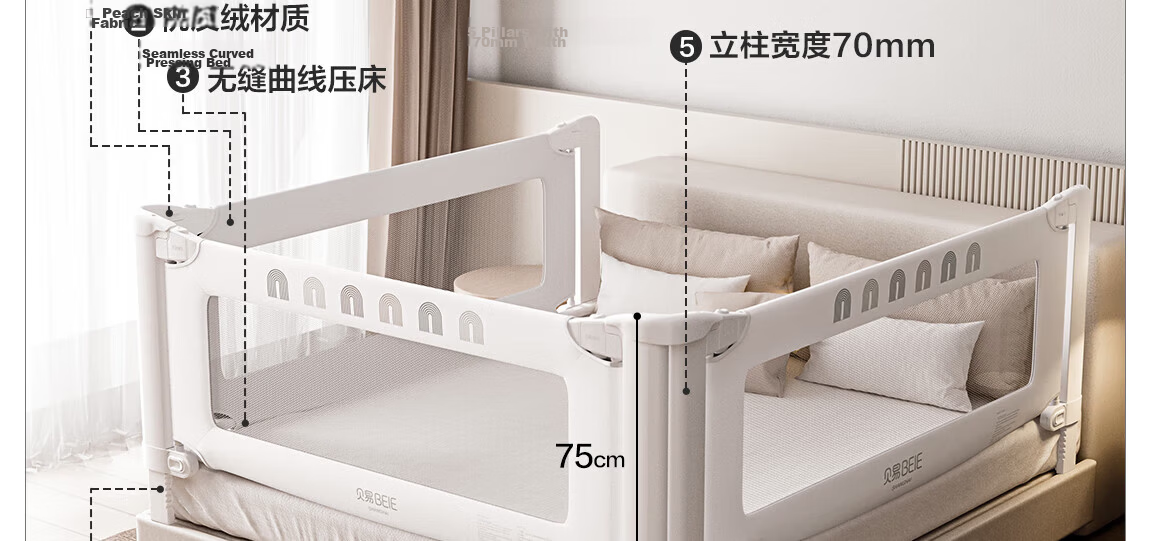 Beiyi Baby Anti-Fall Protective Bed Rail Guard No-Drill Bed Fence 1.8×2m Double-Sided Set 59