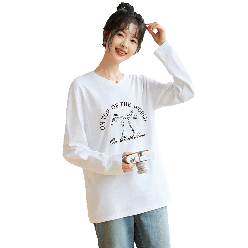 Halo Queen Women's Long Sleeve Cotton T-Shirt Spring Autumn Round Neck Letter Bow Print Casual Base Shirt New H143T2009