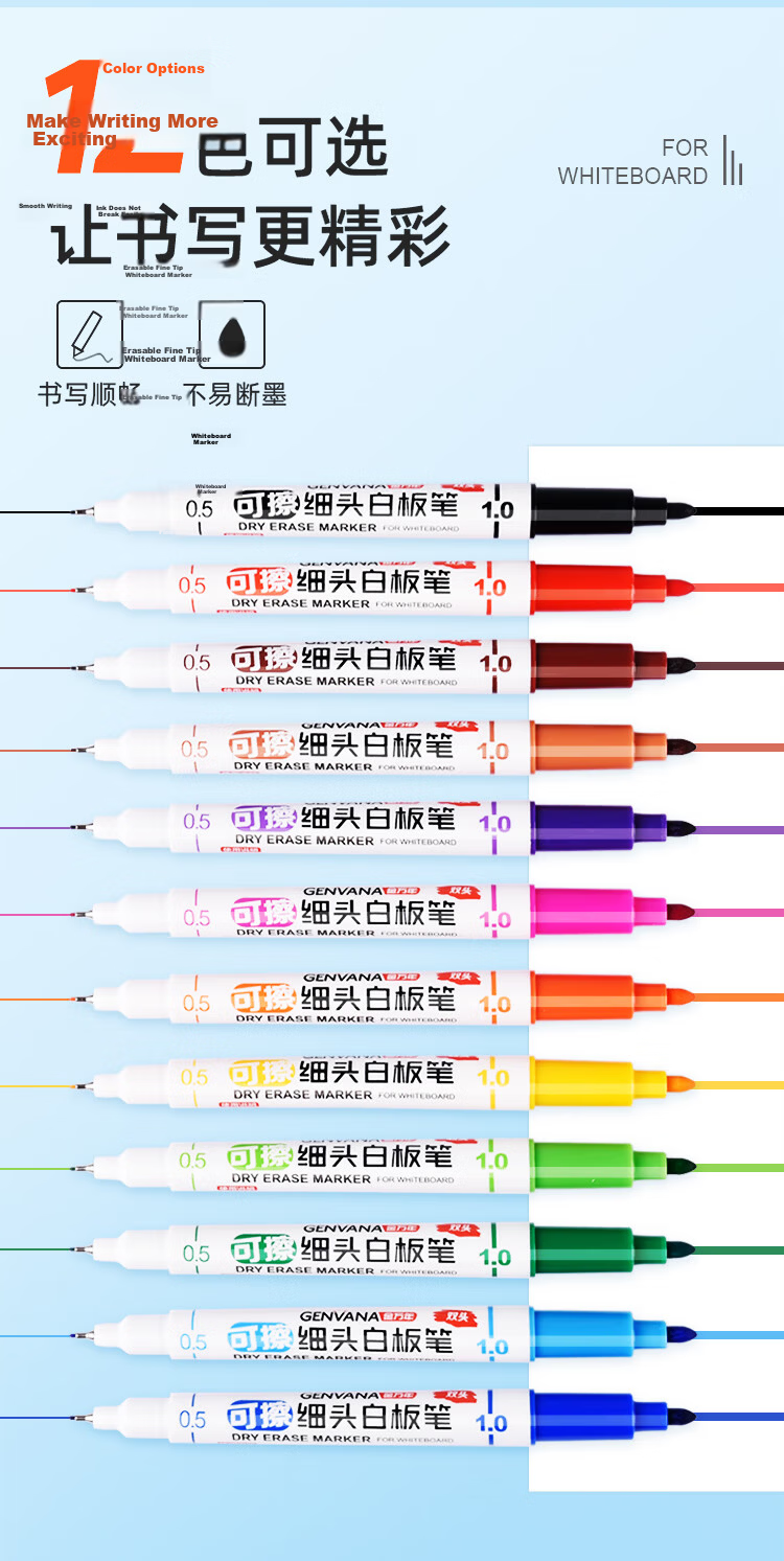 Genvana, 12 Black 1.0-0.5mm Double-Ended Ultra-Fine Whiteboard Markers, Erasable Fine Tip, for Office, Teaching, Meetings, Whiteboard Pens, Extra Fine Control Tip, Draft-Specific Fine Tip G-0639 3