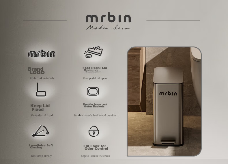 Mr.Bin Living Room Stylish Trash Can Kitchen Pedal Covered Large Household Stainless Steel Bathroom Luxury 15L Gray 3