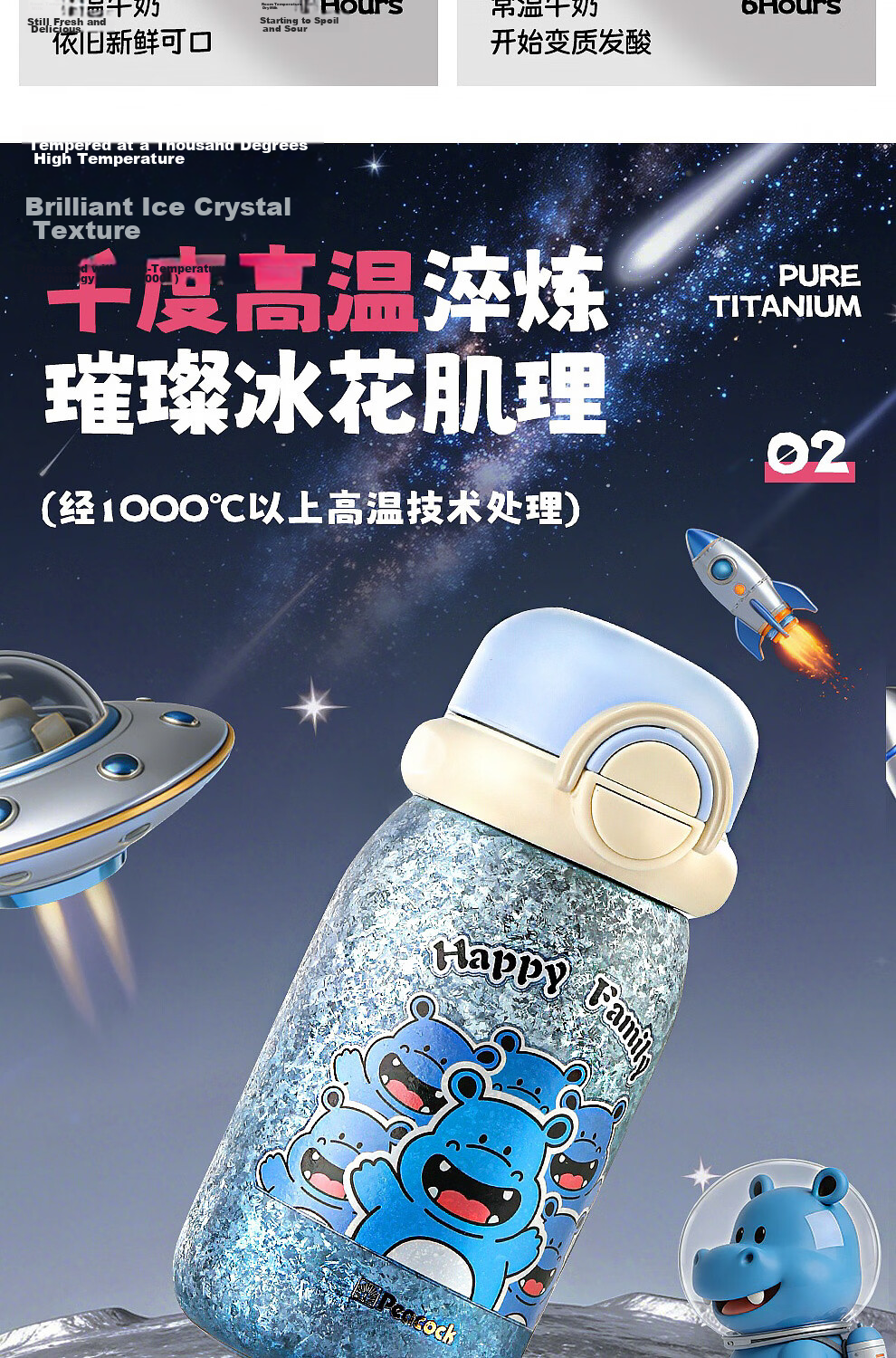 Peacock Back-to-School Premium Pure Titanium Insulated Water Bottle for Children Ages 4-10 Kindergarten and Elementary School Large Capacity Stylish Water Cup 7