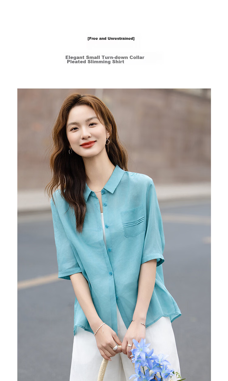 Demana [Ramie Lyocell Blend] Summer Elegant Small Turn-down Collar Pleated Patch Pocket Loose Slimming Shirt for Women High-end Feel 3