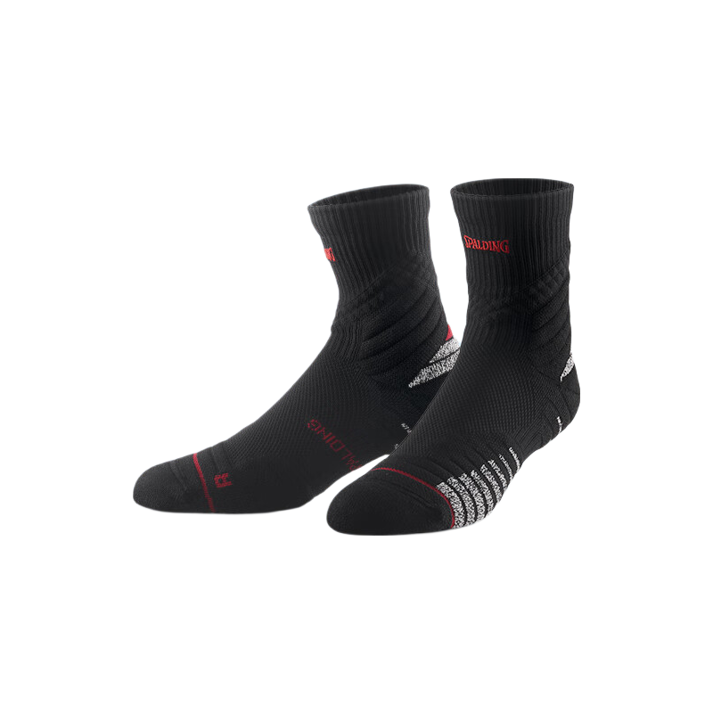 SPALDING Rookie Pro Men's Basketball Socks Professional Anti-Slip Mid-Calf Towel Bottom Sports Socks Black Red