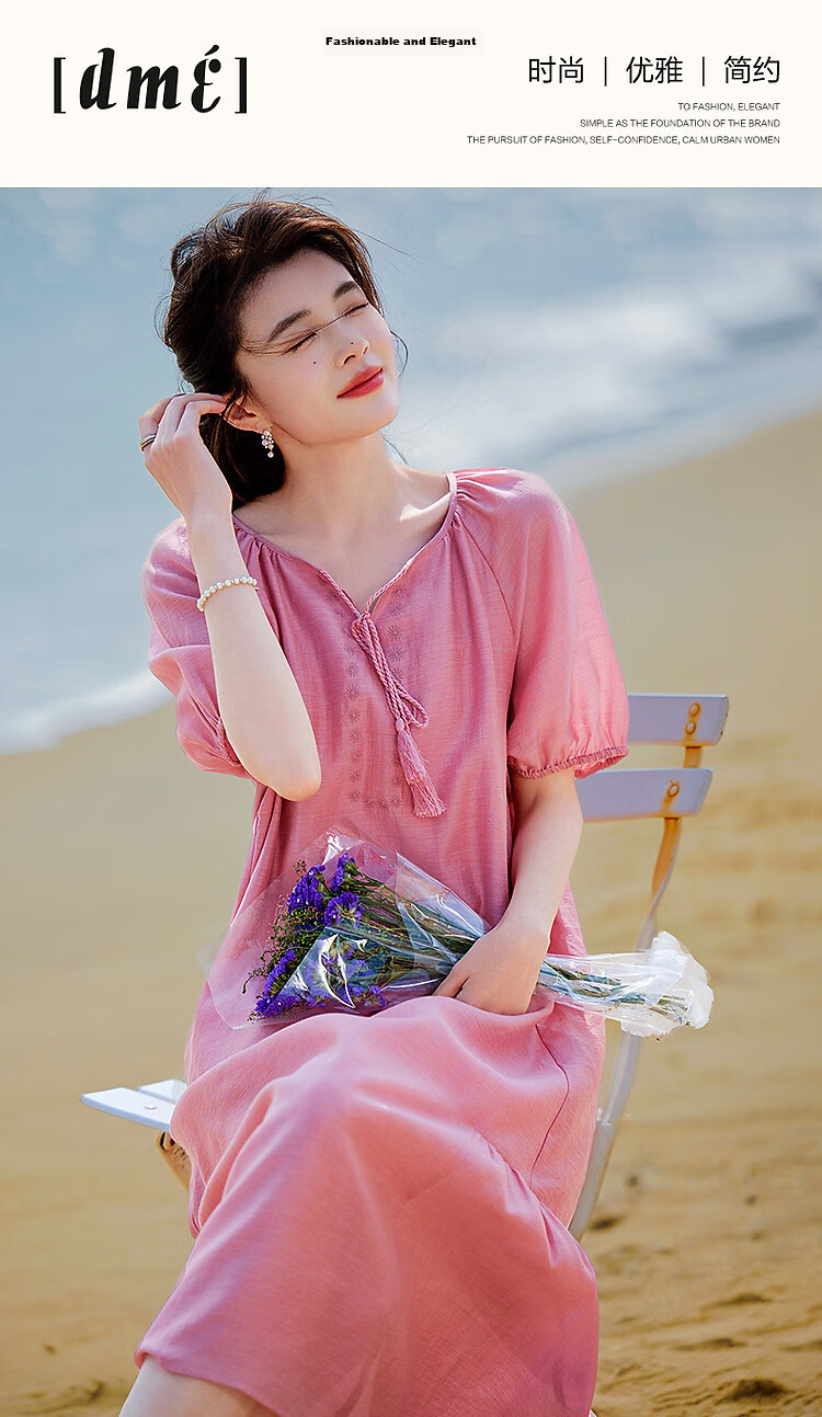 Demana "Light Breeze" Summer Cool Lyocell Embroidered Tassel Tie Split Pleated A-Line Women's Dress 1