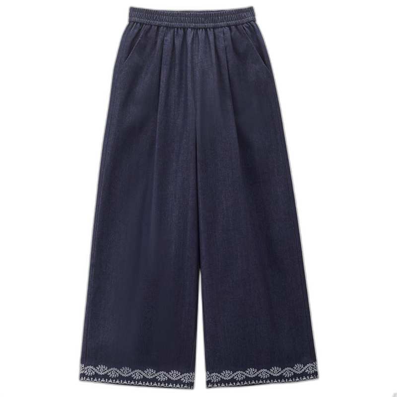 Giordano Designer Women's Summer Lightweight Embroidered Hem Elastic Waist Wide-Leg Jeans 18416309