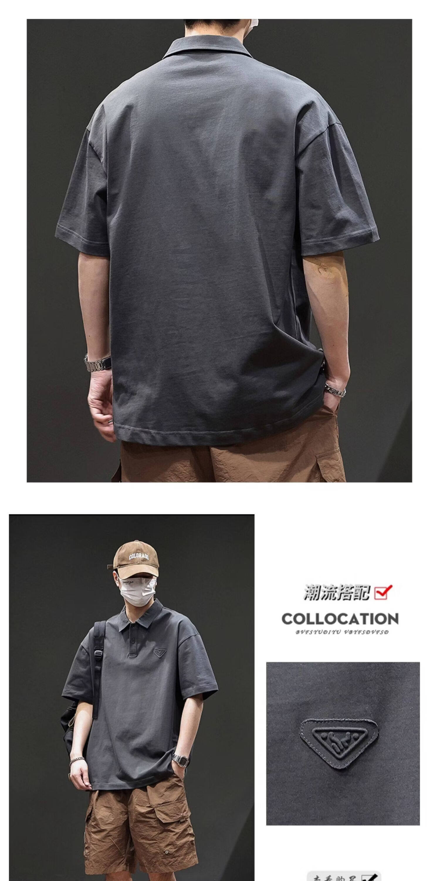 ROMON American Vintage Cotton Short Sleeve T-Shirt Men's Summer Heavyweight Casual Versatile Polo Shirt Black XL 16