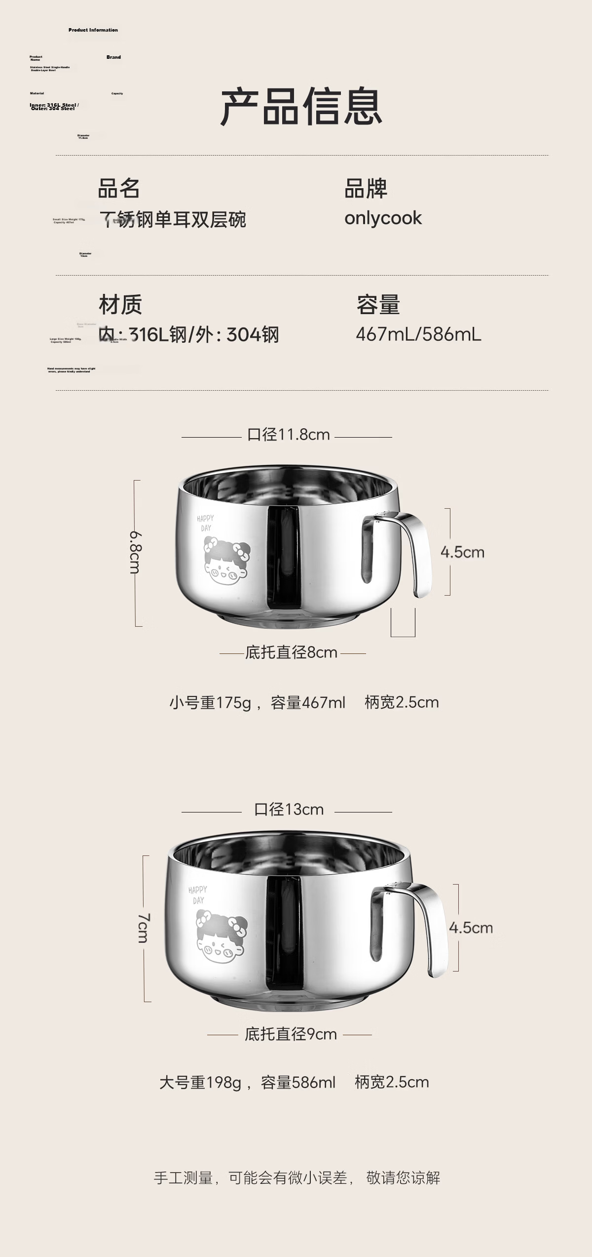 Onlycook 316L Stainless Steel Double-Handle Covered Baby Food Bowl with Suction Base, Infant And Toddler Tableware - Lion Design 550ml 12