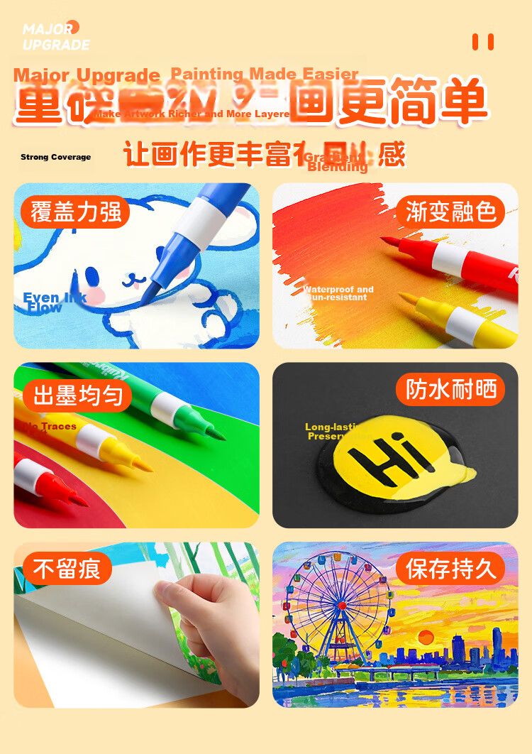 Yuji Soft Tip 48-Color Acrylic Markers, Washable, Colored Pencils, Children's Art Supplies, Elementary School Drawing Pens, Non-Translucent, Layering Capable, Quick-Drying Painting Brushes, Watercolor Pens, Art Educatio 3