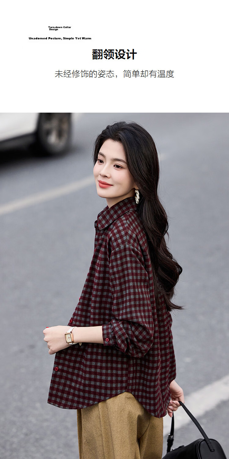 Demana Vintage Style Spring 3D Collar Plaid Loose Slimming Concealing Petite Shirt for Women High-End Feel 7