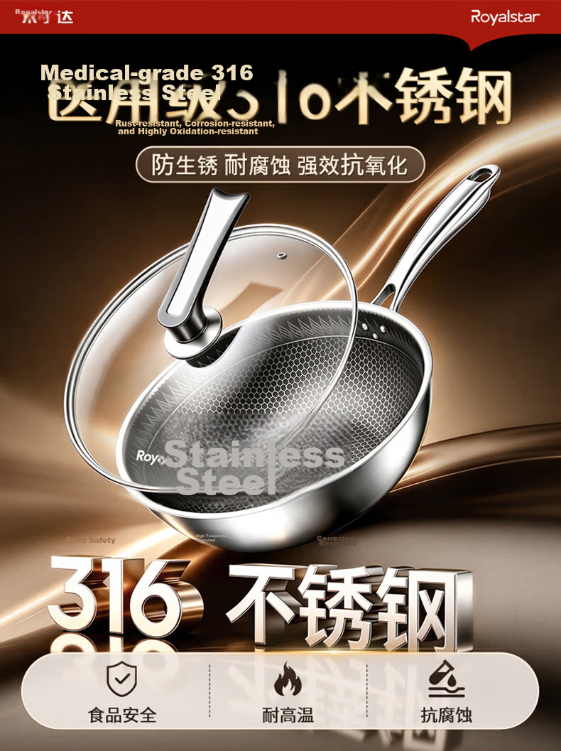 Royalstar Titanium Non-Stick Wok 304 Stainless Steel Household Frying Pan Flat Bottom Skillet Compatible with Induction Cooker and Gas Stove 5