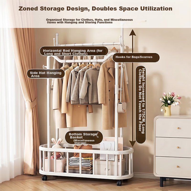 HaixiFang Floor Coat Rack with Wheels Cat Ear Design Double Rod 80cm White for Bedroom Balcony Small Spaces HL22 10