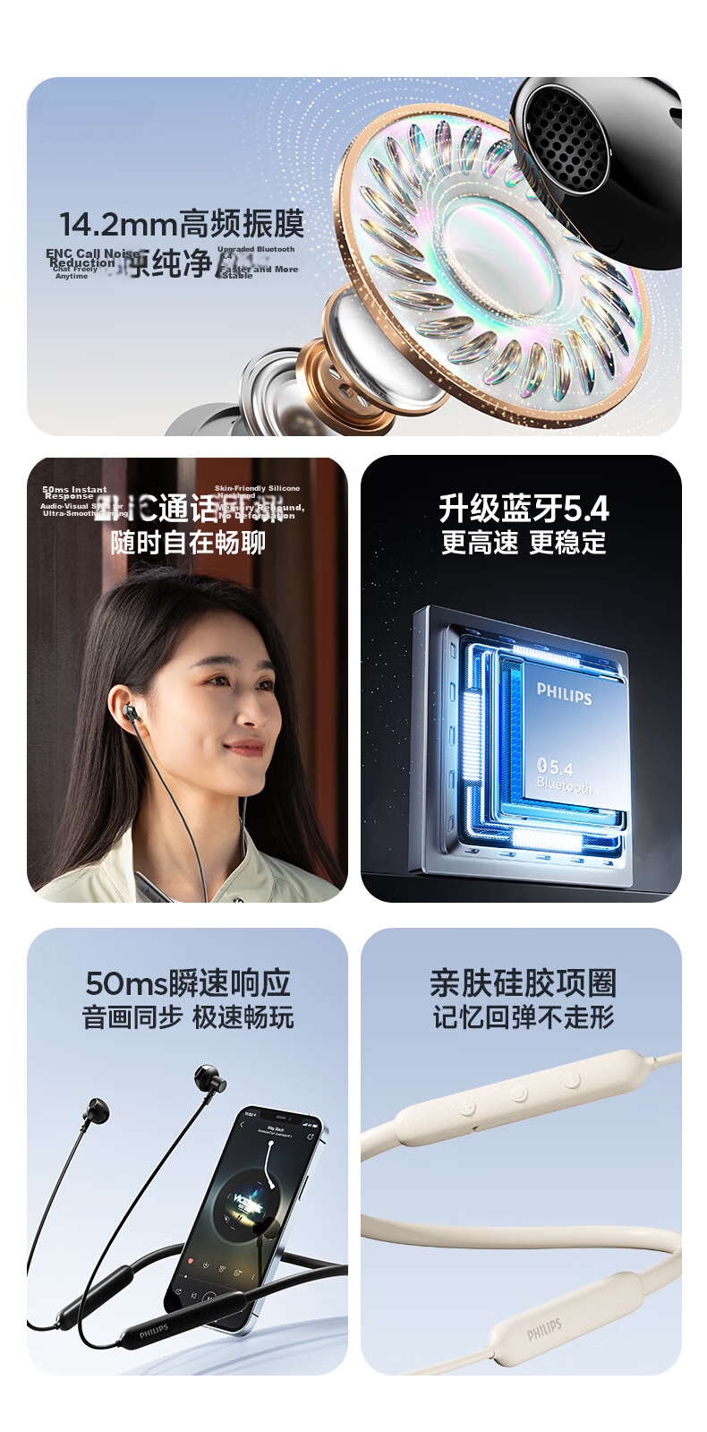 PHILIPS True Wireless Bluetooth Earphones Neckband Running Sports Music Gaming Call Noise Cancelling Semi-In-Ear Magnetic Long Battery Life Compatible with Apple Android Huawei Phones TAN1020-White 2