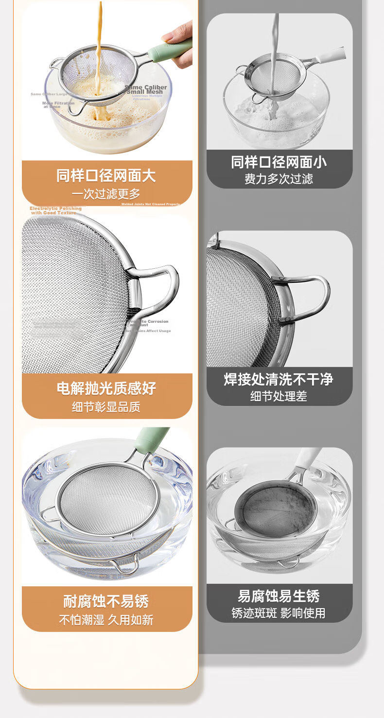 Chuida Huang Double-Handle Fine Mesh Strainer 304 Stainless Steel Soy Milk Filter Sieve Baby Food Supplement White Medium 35 Mesh 5