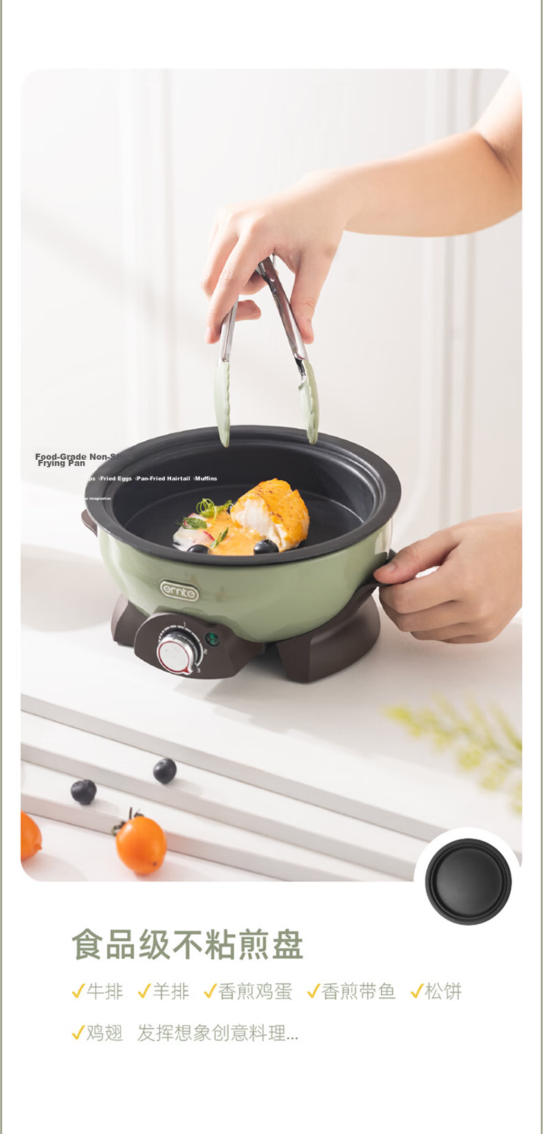 ERNTE Ant Small Green Electric Cooking Pot Pure Titanium Water Cup Suitable for 1-2 People Home Use EHP-2502-OG ETT-2501-OG Olive Green Set 6