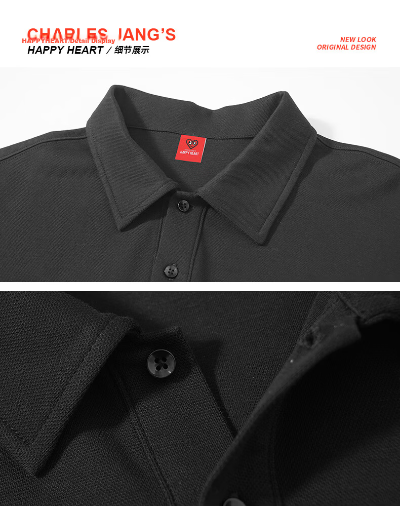 Charles Heart Summer Minimalist Campus Style Short Sleeve Polo Shirt Casual Unisex Black L 21