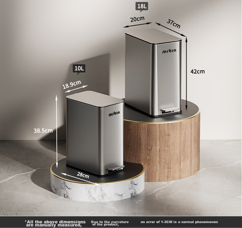 Mr.Bin Living Room Stylish Trash Can Kitchen Pedal Covered Large Household Stainless Steel Bathroom Luxury 15L Gray 20