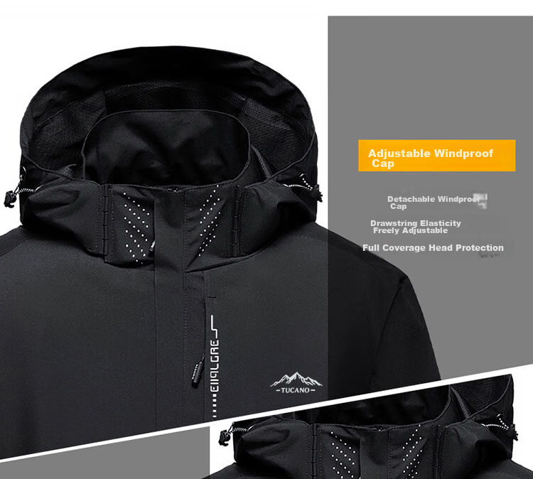 TUCANO Windproof And Waterproof Detachable Hooded Jacket for Men, Outdoor Hiking Sports Coat, Black, Size M 8