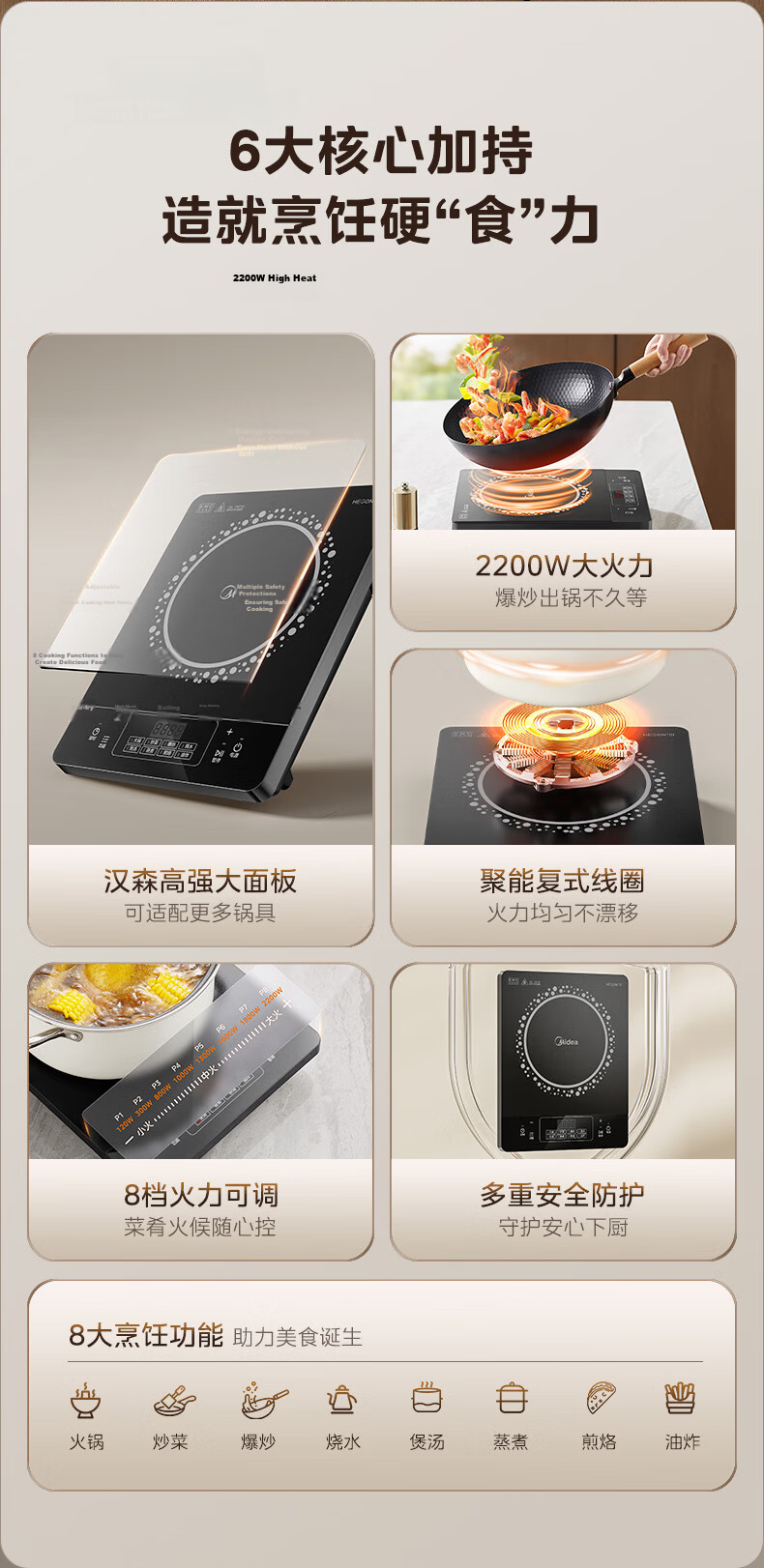 Midea Induction Cooker 2200W High Power Household Stove Durable Panel Eight-Level Firepower Slim Electric Cooktop Hot Pot C22-RT22E01 3