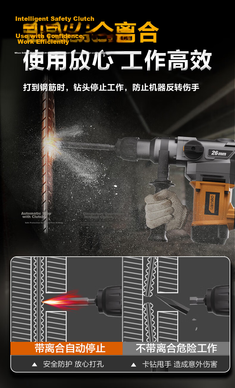 Deli Dual-Purpose Heavy-Duty Electric Hammer, High-Power Impact Drill, Multi-Functional Electric Drill, Hammer And Pickaxe Combo, Concrete Cutting Set 14
