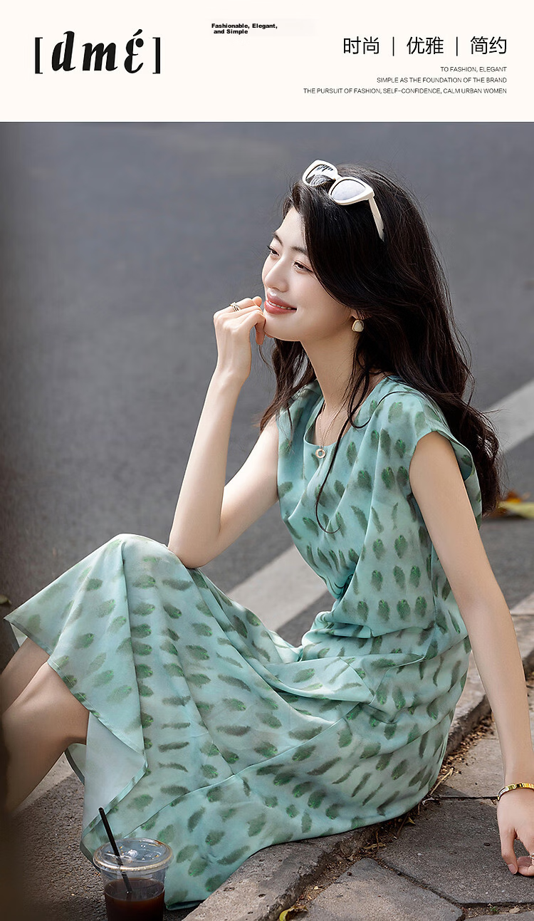 Dme [45-Degree Slanted Cutting Craft] Summer Hong Kong Style Round Neck Printed Puff Sleeve Waist-Cinching Slim Fit A-Line Women's Dress 1