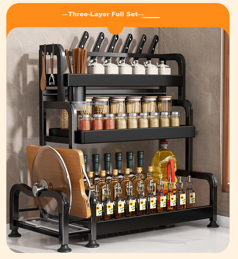 Jiabangshou Kitchen Utensil Storage Rack, Spice Rack, Countertop Multifunctional Storage Shelf, Three-Tier 40cm with Cutting Board Holder And Chopstick Holder 14